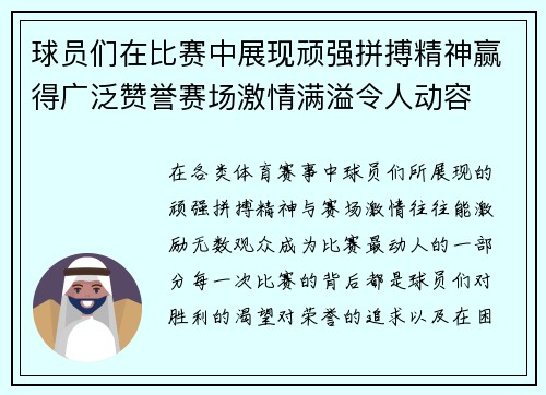 球员们在比赛中展现顽强拼搏精神赢得广泛赞誉赛场激情满溢令人动容