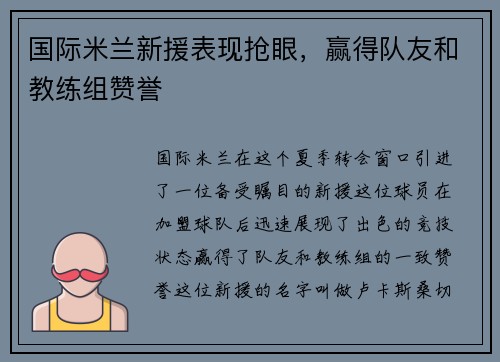 国际米兰新援表现抢眼，赢得队友和教练组赞誉