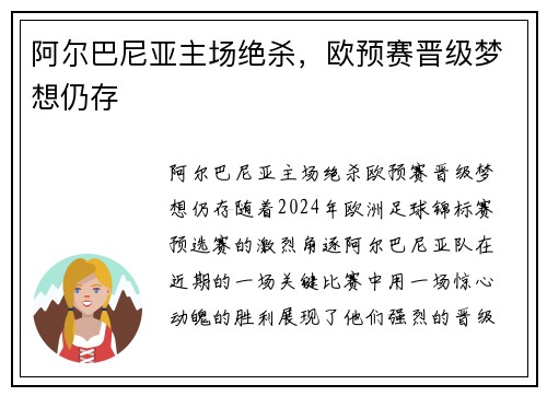 阿尔巴尼亚主场绝杀，欧预赛晋级梦想仍存