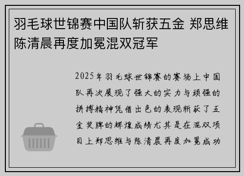 羽毛球世锦赛中国队斩获五金 郑思维陈清晨再度加冕混双冠军
